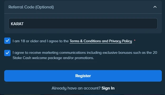 Registrierungsformular von Stake.eu mit eingetragenem Referral Code KARAT